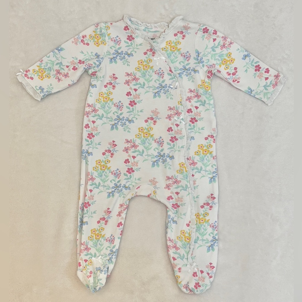 Little Me Floral Bow Lace Trim Ruffle Bum Footie Sleeper Pajamas